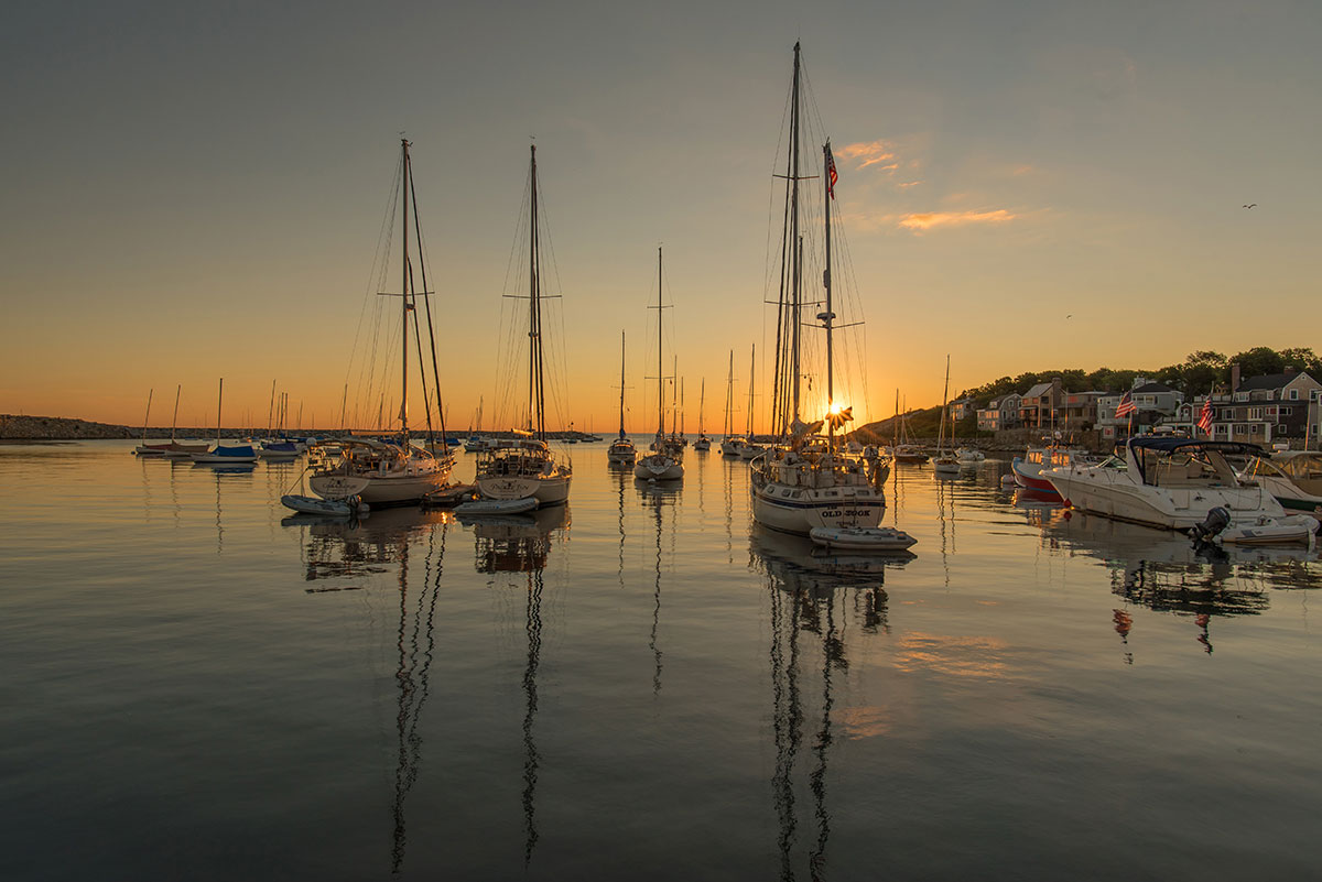 Boats at Sunset Gloucester MA Harbor Near Rockport Inn & Suites