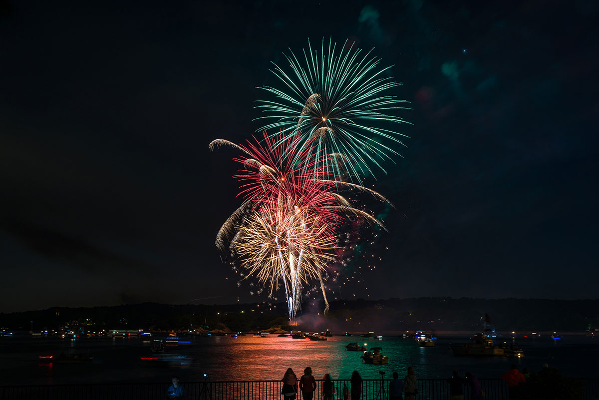 Green, Red, and Yellow Fireworks Gloucester MA Harbor Near Rockport Inn & Suites